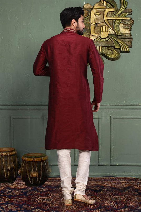 Festive Wear Readymade Kurta Pyjama For Men In Wine Art Silk Fabric