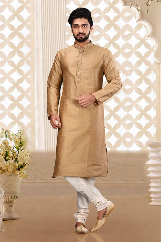 Brown Color Reception Wear Readymade Art Silk Fabric Kurta Pyjama For Men