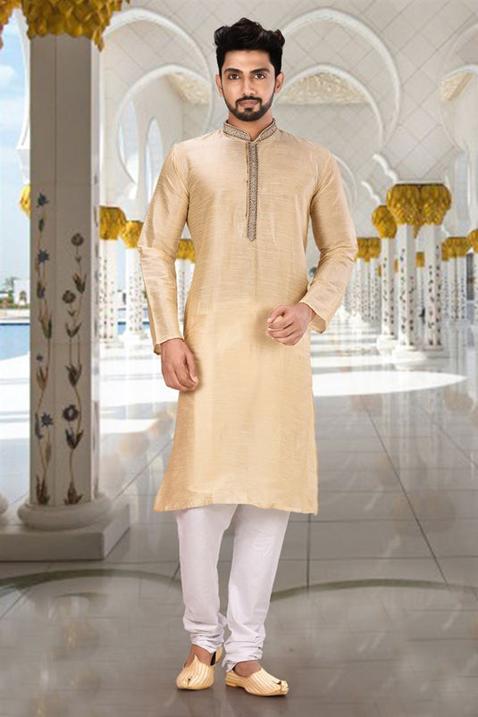 Beige Color Artistic Readymade Men Kurta Pyjama For Wedding Wear