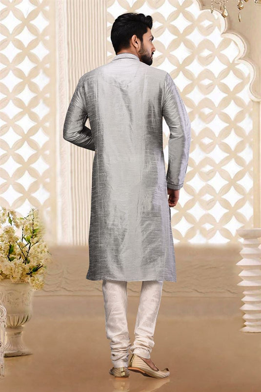 Grey Art Silk Fabric Sangeet Wear Trendy Readymade Kurta Pyjama For Men