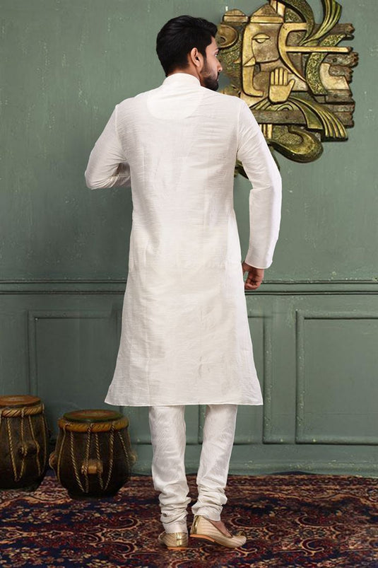 Fancy White Color Art Silk Fabric Function Wear Readymade Kurta Pyjama For Men