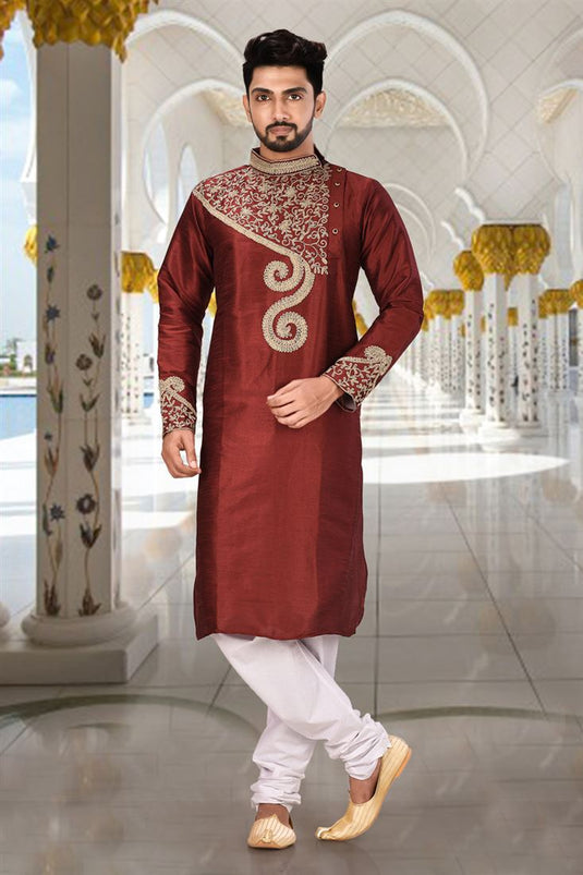 Festive Wear Readymade Lovely Kurta Pyjama For Men In Maroon Color