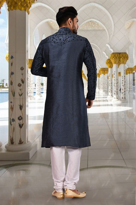 Navy Blue Festive Wear Art Silk Fancy Readymade Men Kurta Pyjama