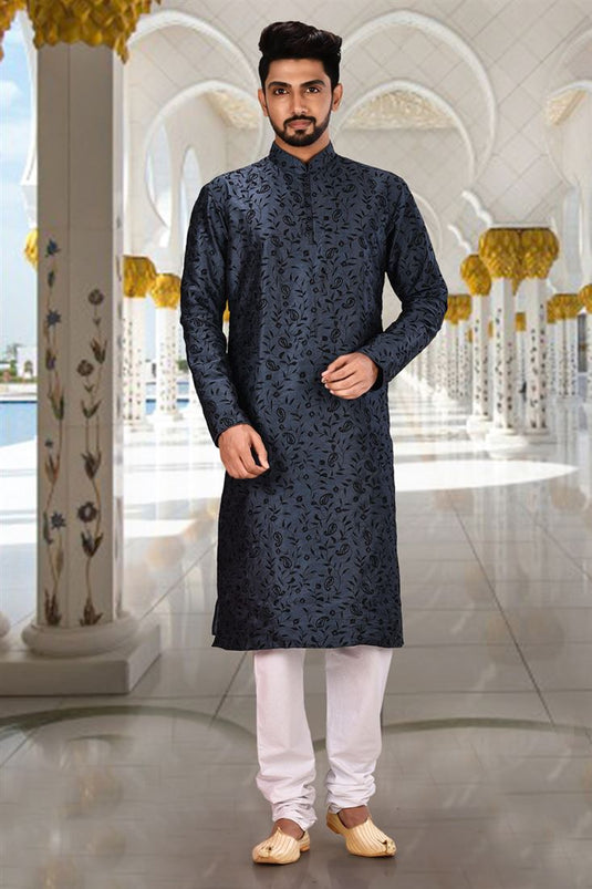 Navy Blue Festive Wear Art Silk Fancy Readymade Men Kurta Pyjama