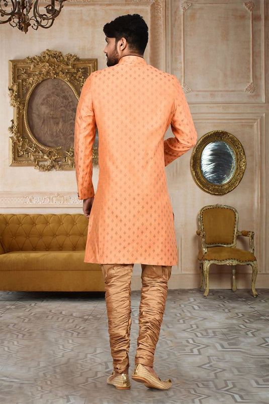 Peach Color Cotton Fabric Function Wear Readymade Indo Western For Men