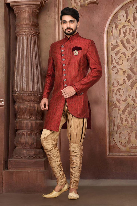 Red Fancy Fabric Sangeet Wear Trendy Readymade Indo Western For Men