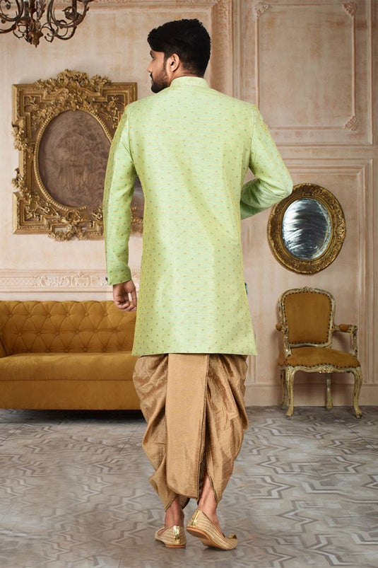 Cotton Sea Green Color Wedding Wear Readymade Designer Men Indo Western With Dhoti