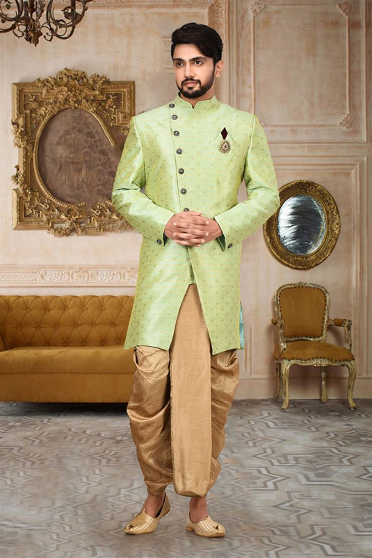 Cotton Sea Green Color Wedding Wear Readymade Designer Men Indo Western With Dhoti