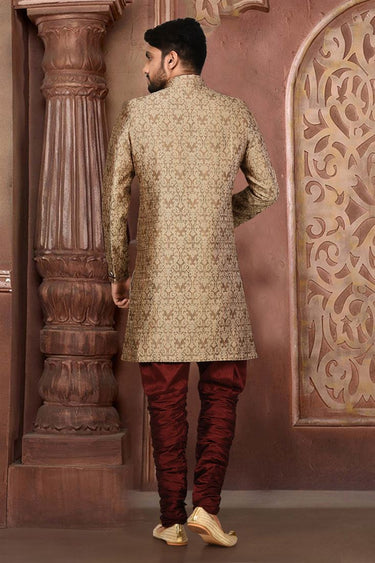 Beautiful Dark Beige Color Wedding Wear Readymade Indo Western For Men In Fancy Fabric