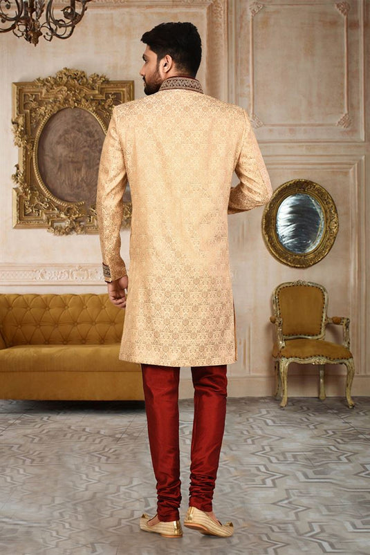 Fancy Fabric Beige Magnificent Readymade Men Indo Western For Sangeet Wear