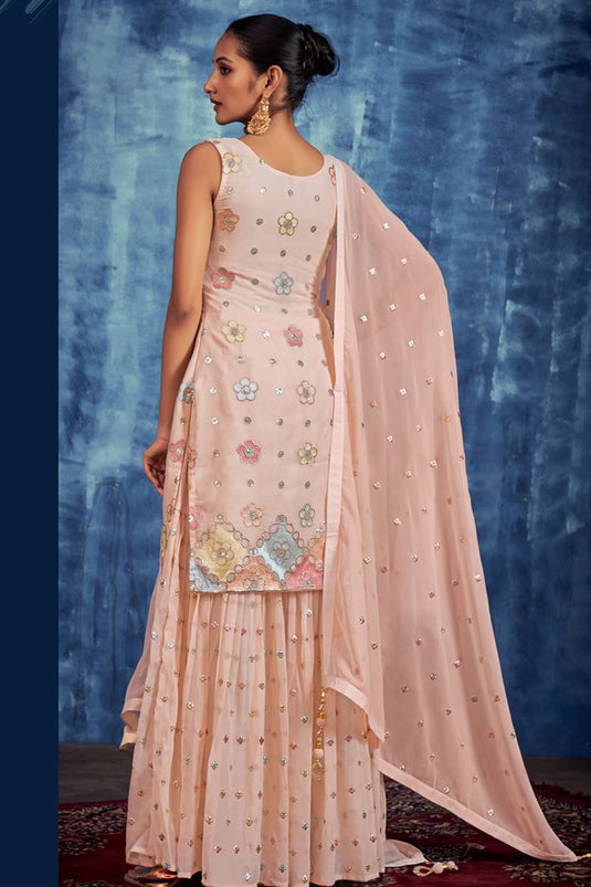 Georgette Sequins Work Sharara Suit In Peach Colour