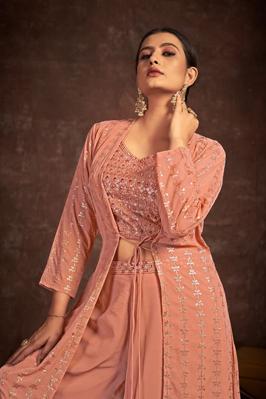 Georgette Peach Color Attractive Readymade Palazzo Suit With Jacket