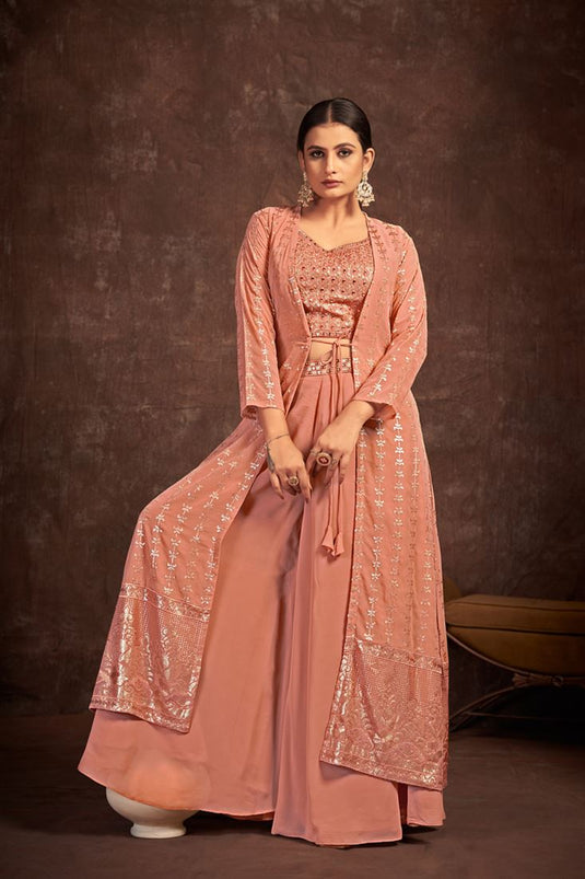 Georgette Peach Color Attractive Readymade Palazzo Suit With Jacket