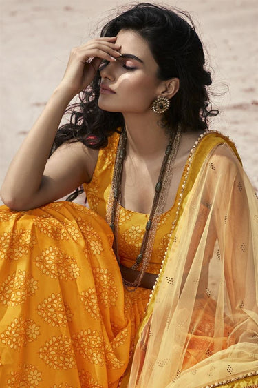 Exclusive Fancy Organza Fabric Sangeet Wear Yellow Color Printed Lehenga Choli