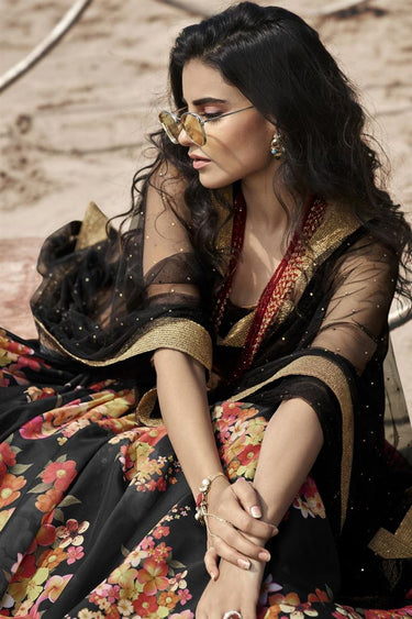 Exclusive Black Color Reception Wear Printed Lehenga Choli In Organza Fabric