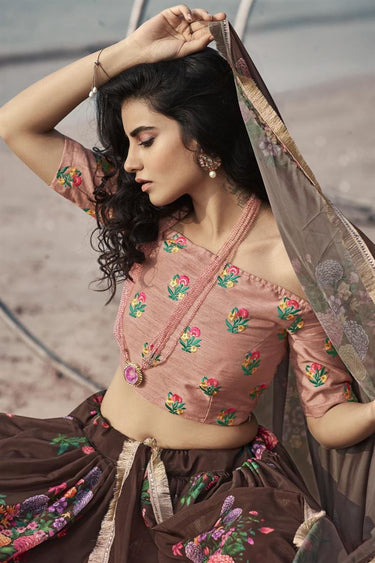 Exclusive Brown Color Wedding Wear Fancy Organza Fabric Printed Lehenga Choli
