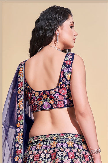 Navy Blue Color Fantastic Net Fabric Readymade Lehenga With Embroidered Work