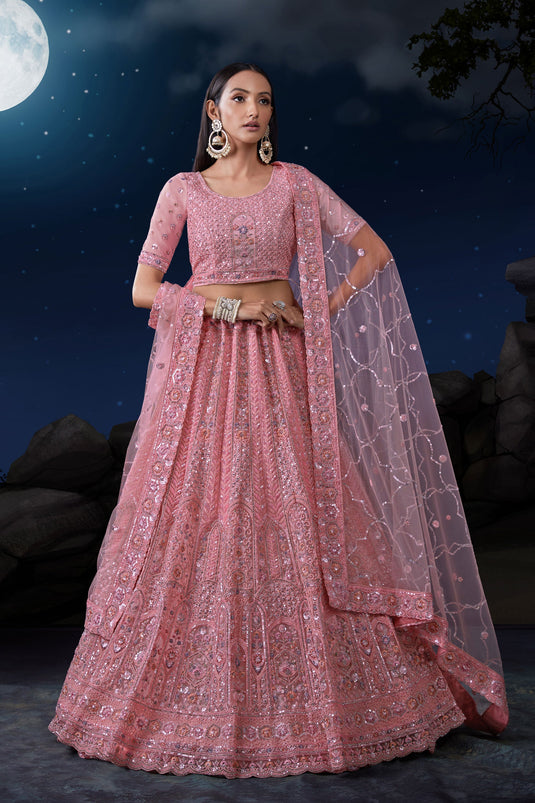 Wedding Wear Pink Color Fascinating Sequins Work Net Fabric Bridal Lehenga