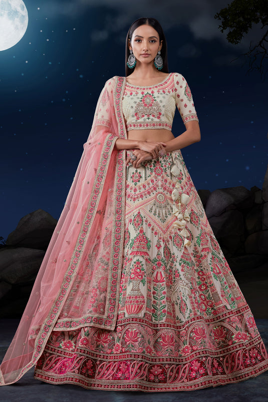 Glamorous White Color Sequins Work Net Fabric Bridal Lehenga In Wedding Wear