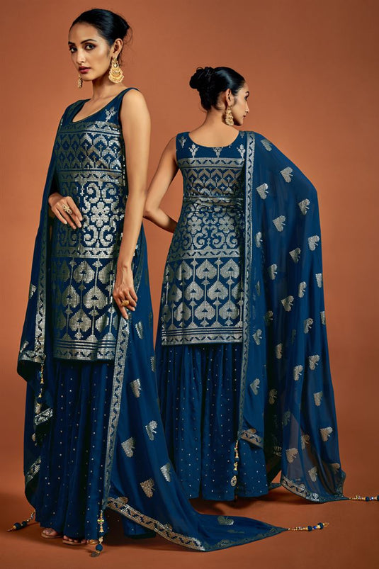 Georgette Sequins Navy Blue Straight Sharara Suit