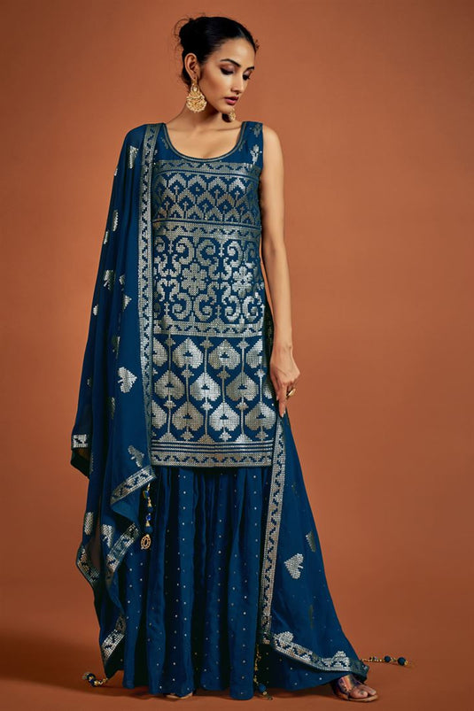 Georgette Sequins Navy Blue Straight Sharara Suit