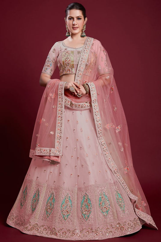 Beautiful Pink Georgette Lehenga with Sparkling Zarkan Work for Wedding