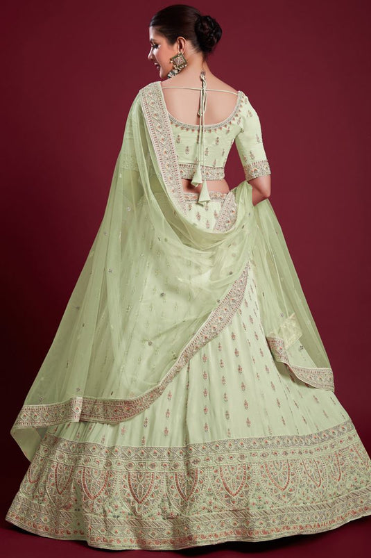 Majestic Sea Green Georgette Lehenga with Fine Thread Work and Zarkan Work