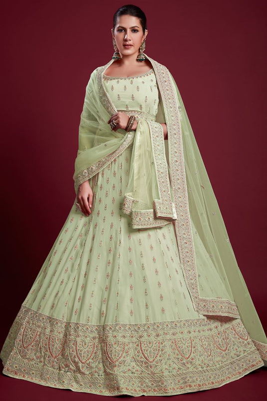 Majestic Sea Green Georgette Lehenga with Fine Thread Work and Zarkan Work