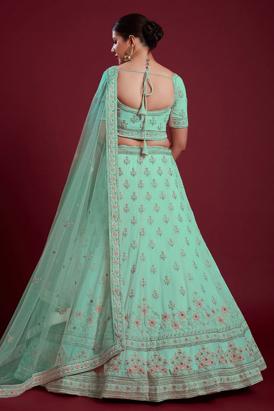 Elegant Georgette Cyan Color Lehenga with Embroidered And Thread Work