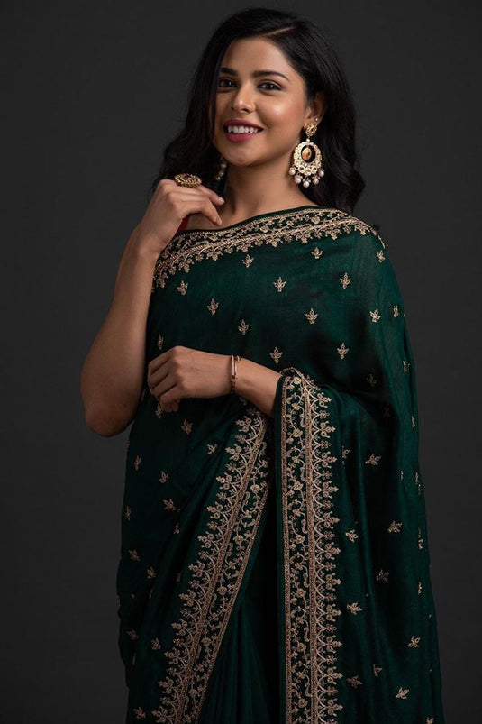 Beautifull Designer Party Wear Dark Green Colour Embroidery Work Lace Saree  With Sequence work Blouse