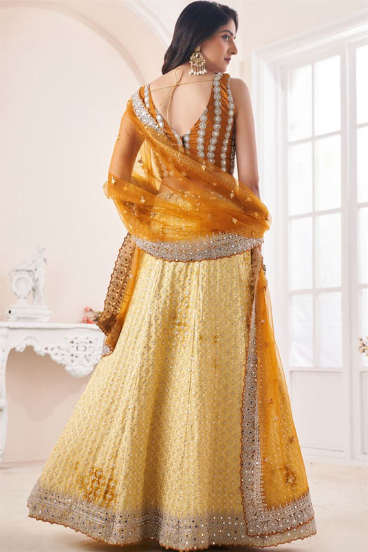 Georgette Fabric Wedding Wear Beatific Lehenga In Yellow Color