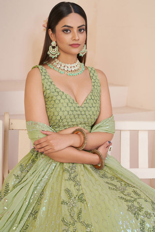 Georgette Fabric Green Color Wedding Wear 3 Piece Lehenga Choli With Embroidery Work