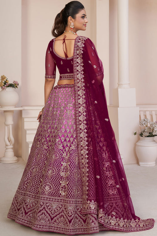 Buy Embroidered Maroon Designer 3 Piece Lehenga Choli In Net Fabric ...