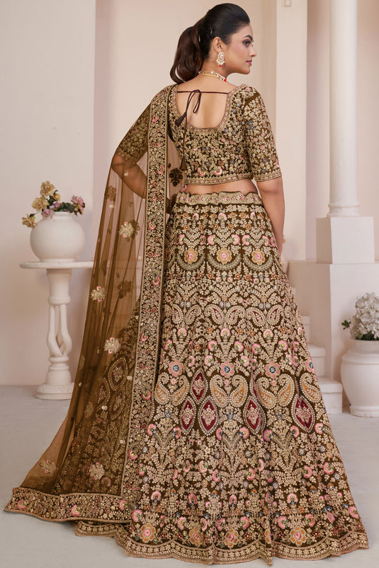 Embroidered Dark Beige Net Wedding Wear Lehenga Choli