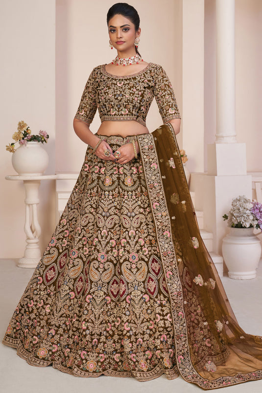 Embroidered Dark Beige Net Wedding Wear Lehenga Choli