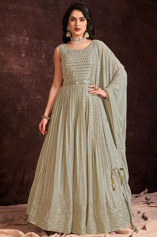 Green Color Graceful Party Look Georgette Gown With Dupatta