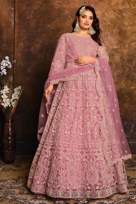 Pink Color Net Fabric Function Wear Embroidered Anarkali Salwar Suit
