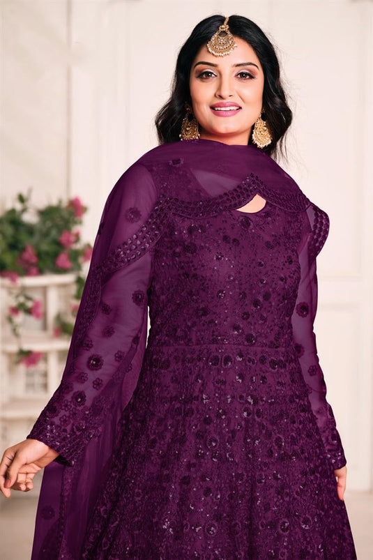 Embroidery Work Sangeet Wear Stylish Anarkali Suit In Purple Color Net Fabric