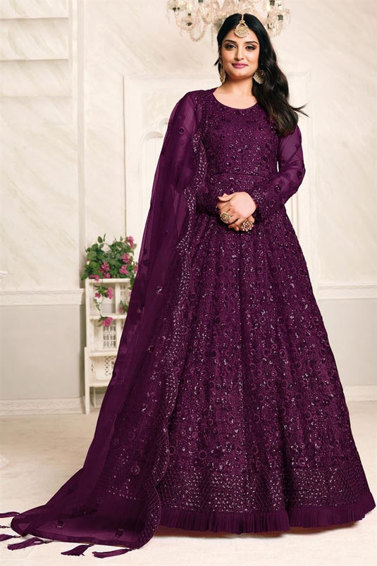 Embroidery Work Sangeet Wear Stylish Anarkali Suit In Purple Color Net Fabric