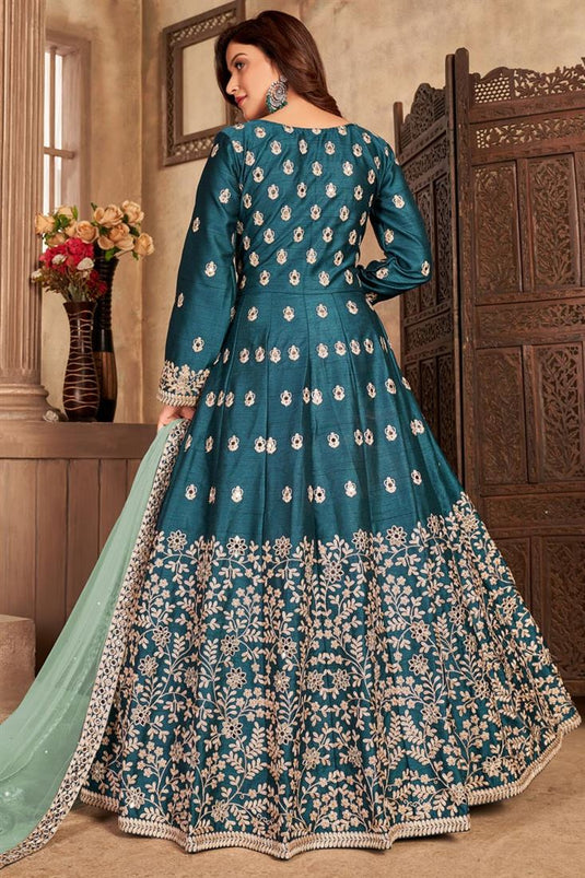 Looks Pretty Teal Art Silk Fabric Floor Length Anarkali Suit