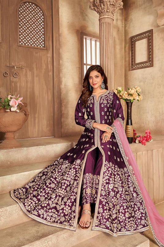 Stunning Purple Embroidered Art Silk Floor Length Anarkali Suit