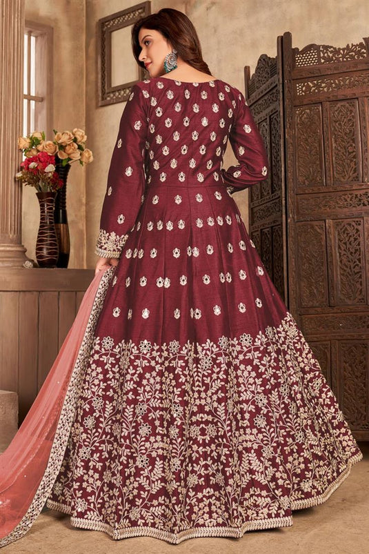 Maroon Embroidered Floor Length Anarkali Suit