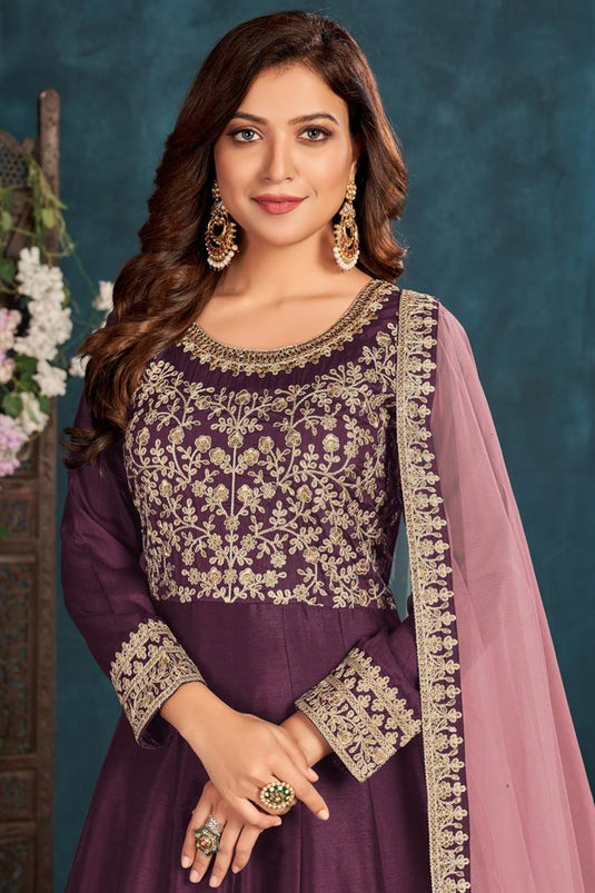 Embroidered Work Art Sirk Fabric Sangeet Wear Purple Color Anarkali Suit