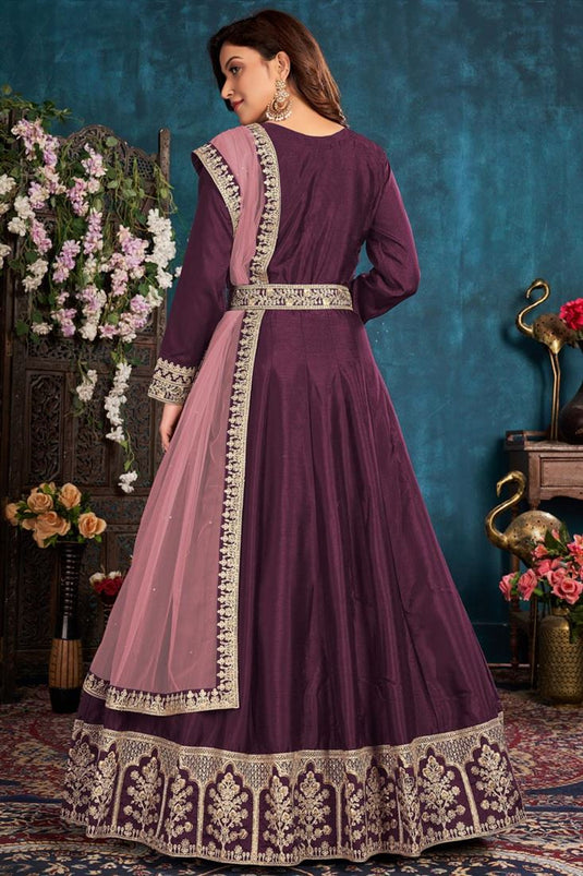 Embroidered Work Art Sirk Fabric Sangeet Wear Purple Color Anarkali Suit