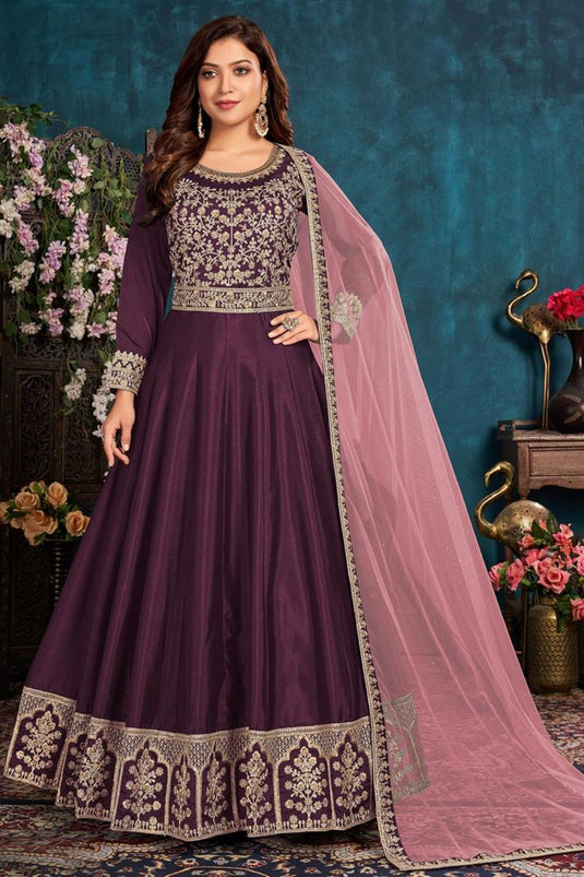 Embroidered Work Art Sirk Fabric Sangeet Wear Purple Color Anarkali Suit