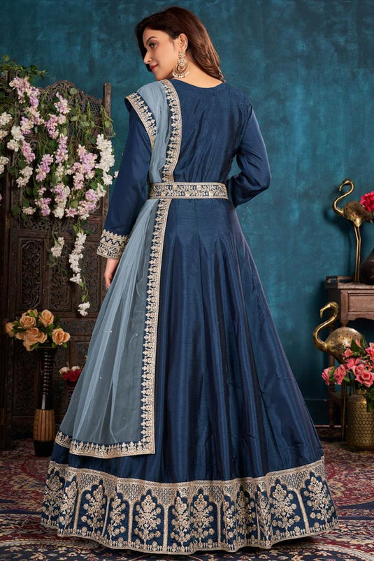 Navy Blue Color Sangeet Wear Art Sirk Fabric Embroidered Anarkali Suit With Net Dupatta