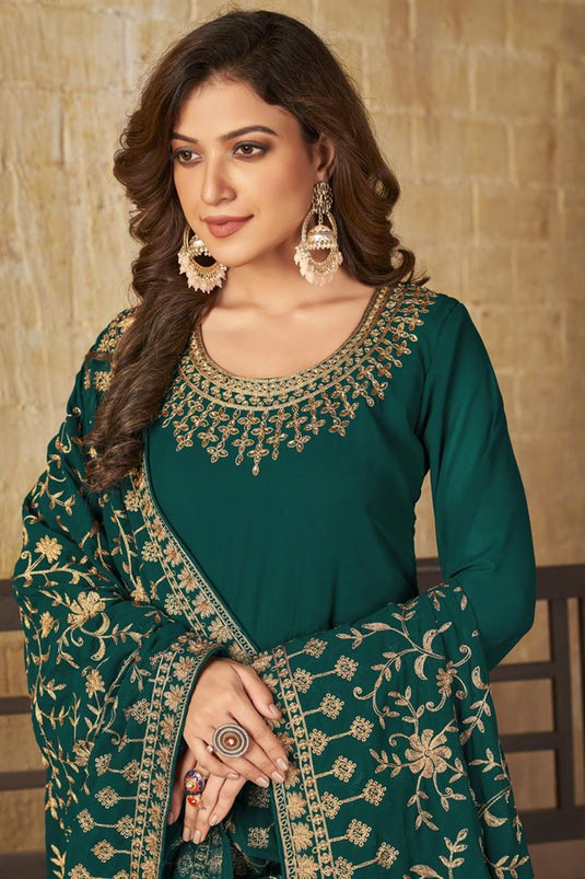 Dark Green Color Georgette Fabric Imposing Anarkali Suit With Embroidered Work