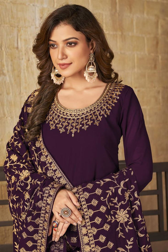 Purple Color Embroidered Work On Brilliant Anarkali Suit In Georgette Fabric