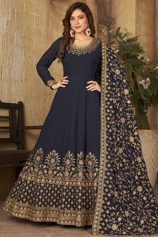 Radiant Embroidered Work On Navy Blue Color Georgette Fabric Anarkali Suit