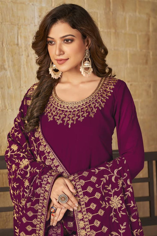 Excellent Georgette Fabric Burgundy Color Anarkali Suit With Embroidered Designs